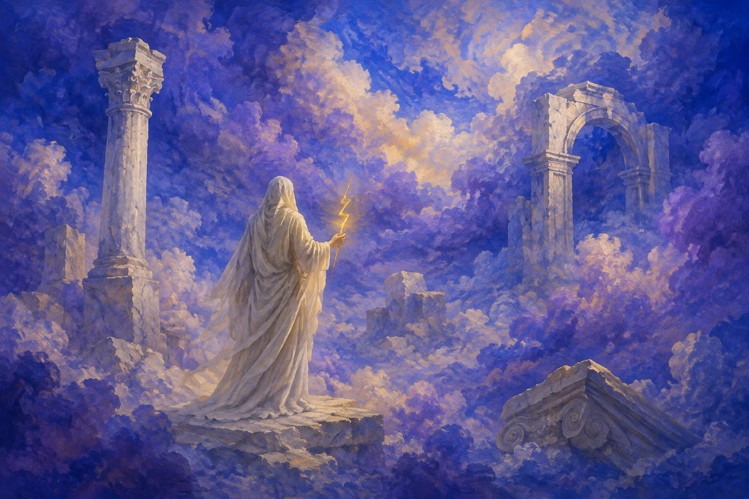 Original contemporary painting of an anonymous draped mythic figure, a small golden lightning motif, violet clouds and invented classical fragments